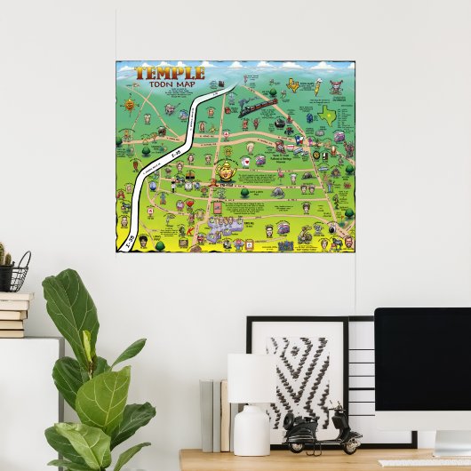 Temple Texas Cartoon Map Poster (Thuiskantoor)