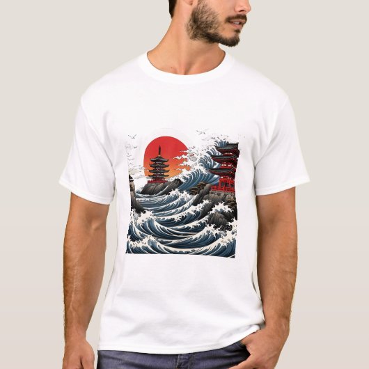 Temple Wave Art - Ukiyo-e Japanese Sunset Design T-shirt (Voorkant)