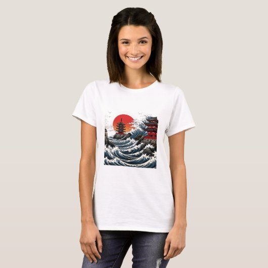 Temple Wave Art - Ukiyo-e Japanese Sunset Design T-shirt (Voorkant volledig)
