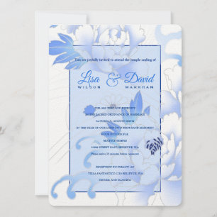 Temple Wedding & Reception Invite-Blue Peonies Kaart