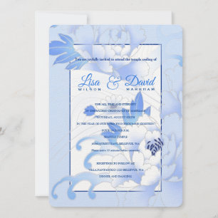 Temple Wedding & Reception Invite-Blue Peonies Kaart