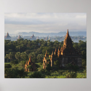 Temples at sunrise, Bagan, Myanmar Poster