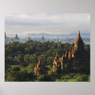 Temples at sunrise, Bagan, Myanmar Poster