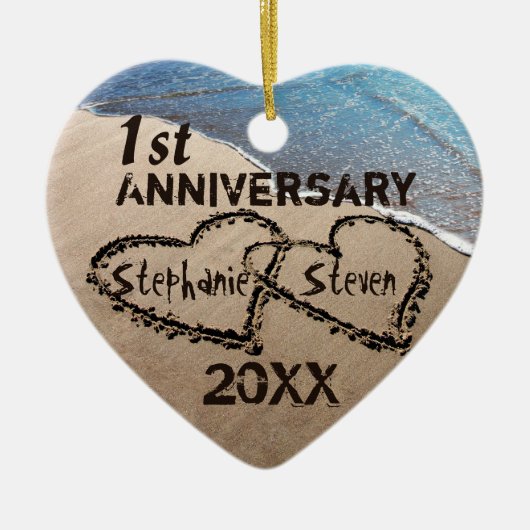 Ten eerste, elke Jubileum twee harten in zand Orna Keramisch Ornament (Voorkant)