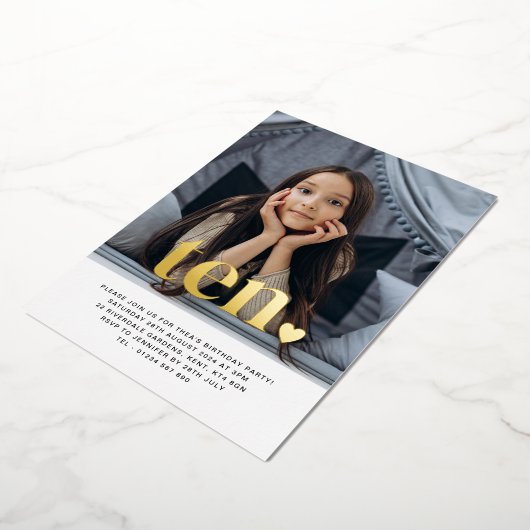 Ten Heart Foto Verjaardag Goud Folie Uitnodiging (Gedraaid)