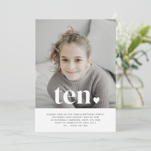 Ten Heart Photo Birthday Invitation Kaart (Staand voorkant)