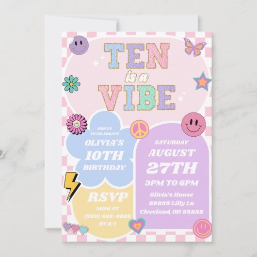 Ten is een vibe preppy patch 10e verjaardagsfeestj kaart (Voorkant)