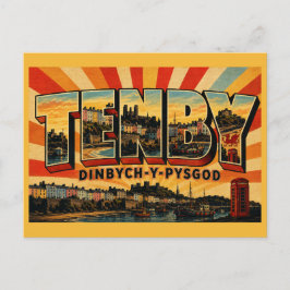 Tenby Wales Pastelkleurige Kuststad Vintage Kunst Briefkaart