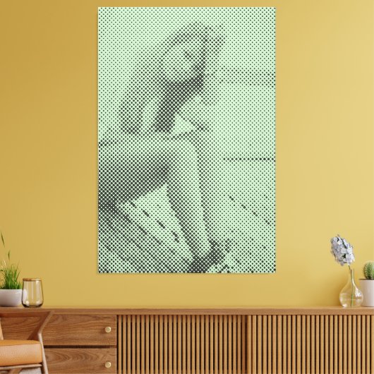 Tender Black&Green Halftone Effect Sitting Girl Canvas Afdruk (Insitu (Woonkamer))