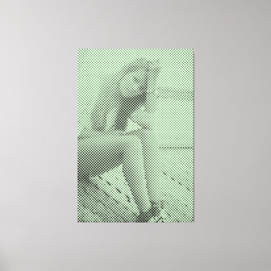 Tender Black&Green Halftone Effect Sitting Girl Canvas Afdruk (Voorkant)
