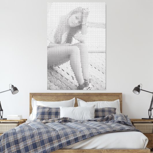 Tender Black Halftone Effect Sitting Girl Canvas Afdruk (Insitu (Slaapkamer))