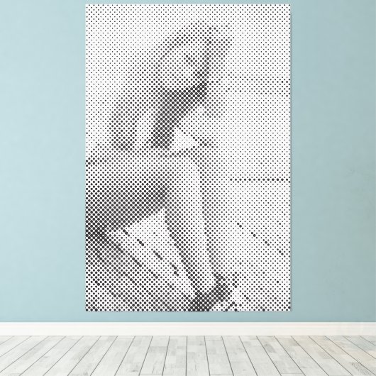 Tender Black Halftone Effect Sitting Girl Canvas Afdruk (Insitu (Houten vloer))