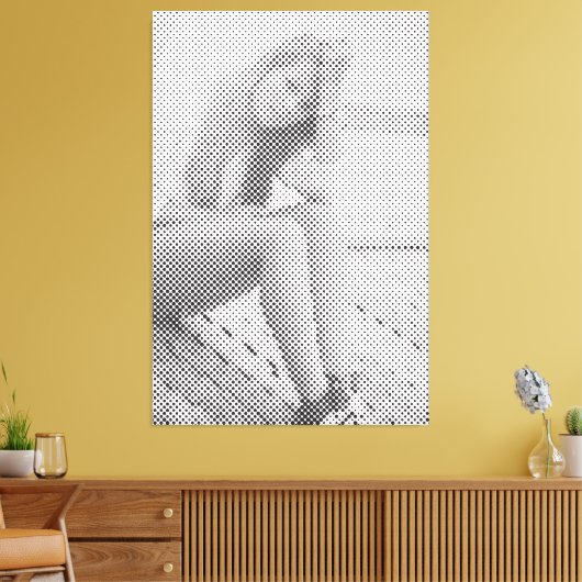 Tender Black Halftone Effect Sitting Girl Canvas Afdruk (Insitu (Woonkamer))
