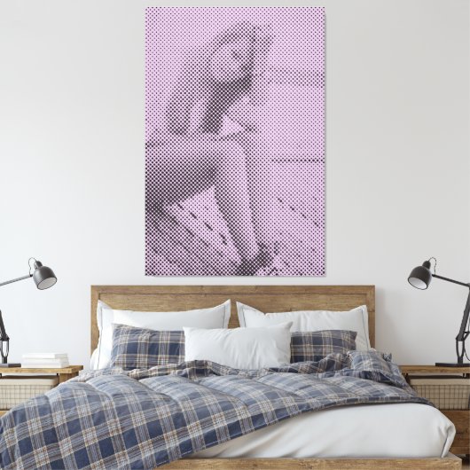 Tender Black & Lila Halftone Effect Sitting Girl Canvas Afdruk (Insitu (Slaapkamer))