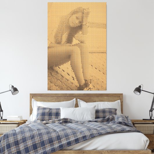 Tender Black&Salmon Halftone Effect Sitting Girl Canvas Afdruk (Insitu (Slaapkamer))
