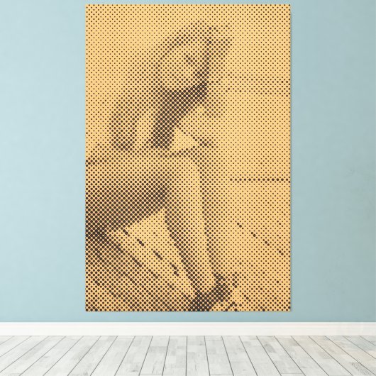 Tender Black&Salmon Halftone Effect Sitting Girl Canvas Afdruk (Insitu (Houten vloer))