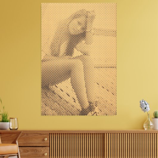 Tender Black&Salmon Halftone Effect Sitting Girl Canvas Afdruk (Insitu (Woonkamer))