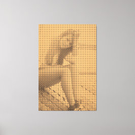 Tender Black&Salmon Halftone Effect Sitting Girl Canvas Afdruk