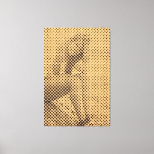 Tender Black&Salmon Halftone Effect Sitting Girl Canvas Afdruk (Voorkant)
