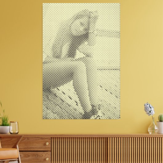 Tender Black & Yellow Halftone Effect Sitting Girl Canvas Afdruk (Insitu (Woonkamer))
