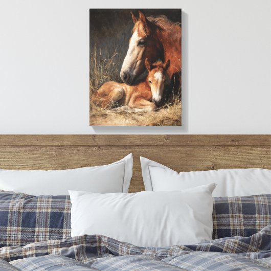 Tender Chestnut Mare and Foal Painting Canvas Afdruk (Insitu (Slaapkamer))