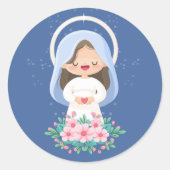Tender Kawaii Maagd Maria met Hart – Donkerblauw Ronde Sticker (Voorkant)