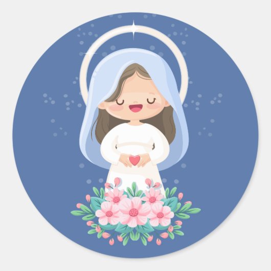 Tender Kawaii Maagd Maria met Hart – Donkerblauw Ronde Sticker (Voorkant)