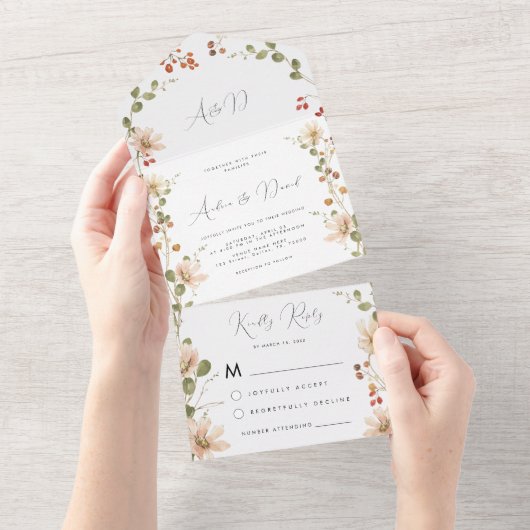 Tender Spring Wildflower Waterverf Berry Wedding All In One Uitnodiging (Afscheurbaar)