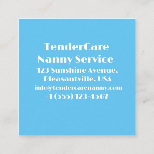 TenderCare Nanny Service Blauw en Roze Teddybeer Vierkante Visitekaartje (Achterkant)