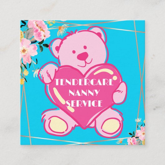 TenderCare Nanny Service Blauw en Roze Teddybeer Vierkante Visitekaartje (Voorkant)