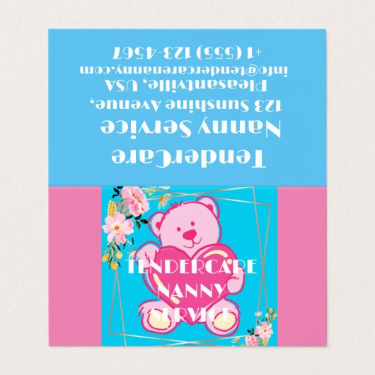 TenderCare Nanny Service Blauw en Roze Teddybeer Visitekaartje (Buitenkant ongevouwen)