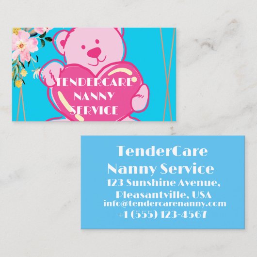 Tendercare Nanny Service Blauw & Roze Teddybeer Visitekaartje (Voorkant / Achterkant)