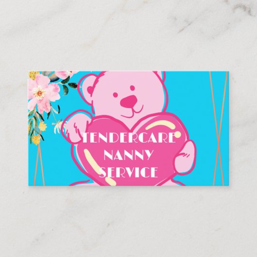Tendercare Nanny Service Blauw & Roze Teddybeer Visitekaartje (Voorkant)