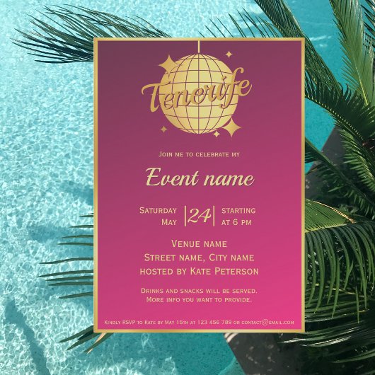 Tenerife Spanje feest roze fiesta uitnodiging