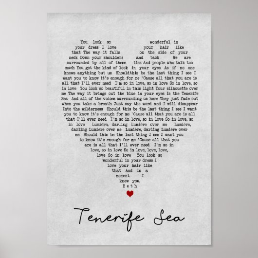 Tenerife Zee Gray Heart Song Lyric Wall Art Afdruk Poster (Voorkant)