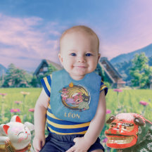 Tengu & Lion Dance Cats Baby Bib – Blauw