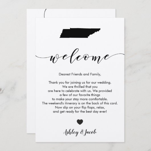 Tennessee bruiloft welkomstbrief en reisschema Kaa Programmakaart (Voorkant / Achterkant)