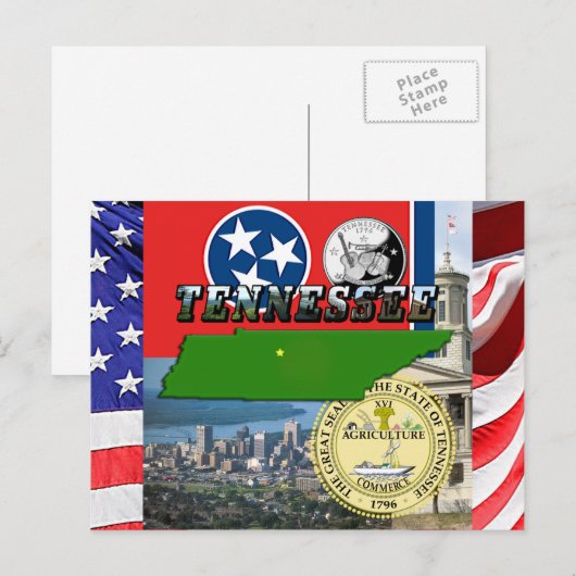 Tennessee-kaart, vlag, staatszegel en Afbeelding Briefkaart (Voorkant / Achterkant)