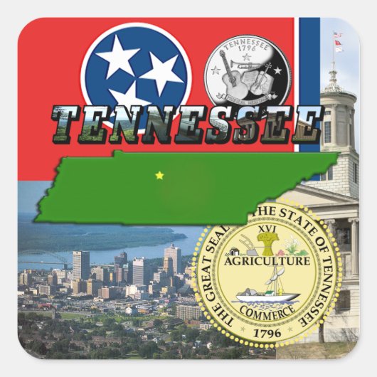 Tennessee-kaart, vlag, staatszegel en Afbeelding Vierkante Sticker (Voorkant)