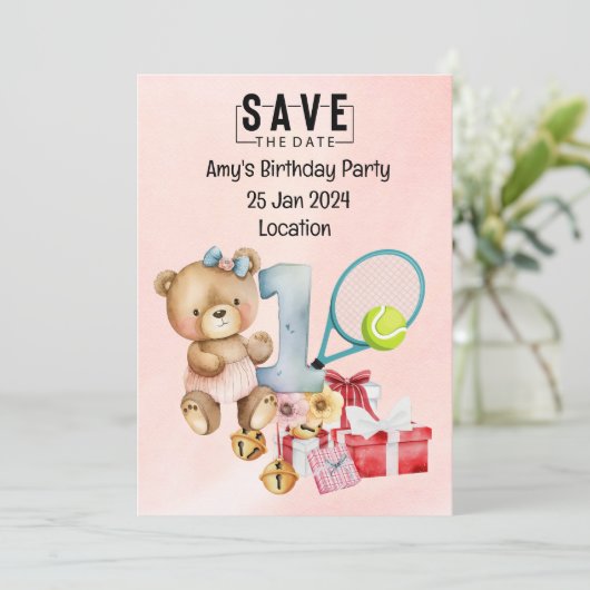 Tennis 1e Verjaardag Save the Date for Party Kaart (Staand voorkant)