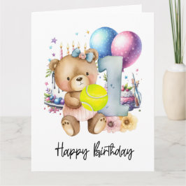 Tennis 1e Verjaardag voor Baby Meisje Roze Thema Kaart