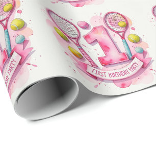 Tennis 1e verjaardag voor meisje in roze thema cadeaupapier