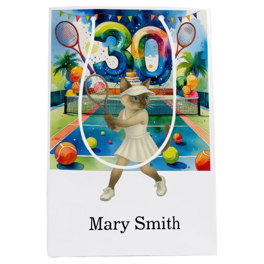 Tennis 30e verjaardag thema voor Siamese Cat liefh Medium Cadeauzakje (Voorkant)