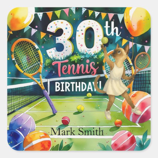 Tennis 30e verjaardag voor Siamese kattenliefhebbe Vierkante Sticker (Voorkant)