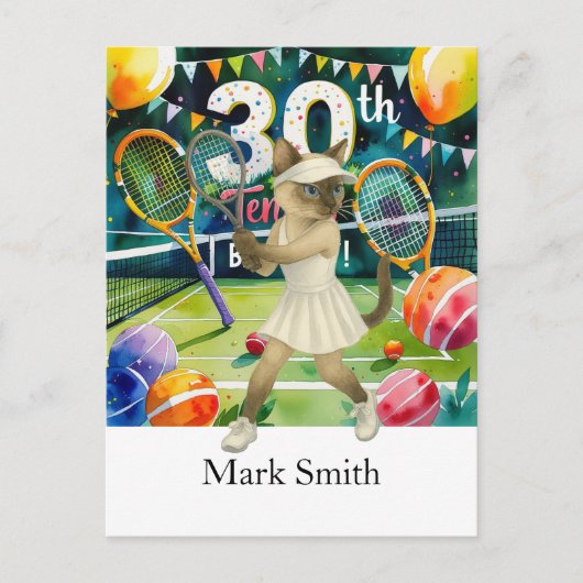 Tennis 30ste verjaardag voor Siamese kat liefhebbe Briefkaart (Voorkant)