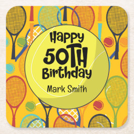 Tennis 50e verjaardag met naam op racket thema kartonnen onderzetters