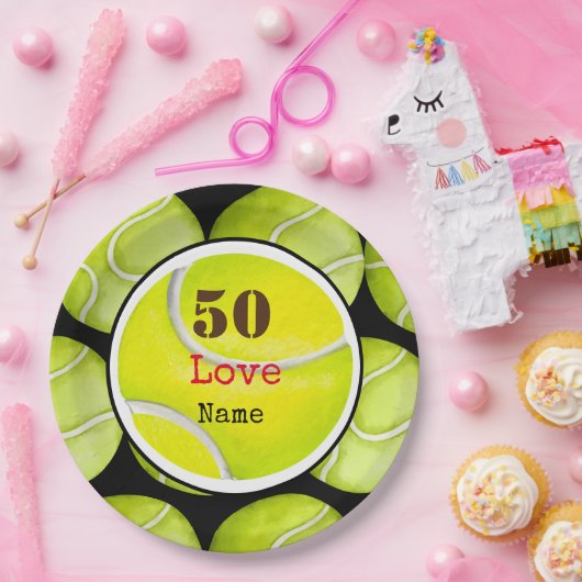 Tennis 50th Birthday ball met liefde en naam Papieren Bordje (Feest)