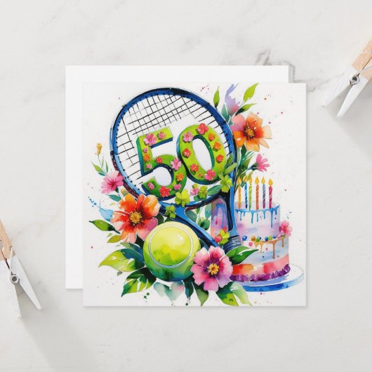 Tennis 50th Birthday tennis ball and number Kaart (Voorkant / Achterkant in situ)