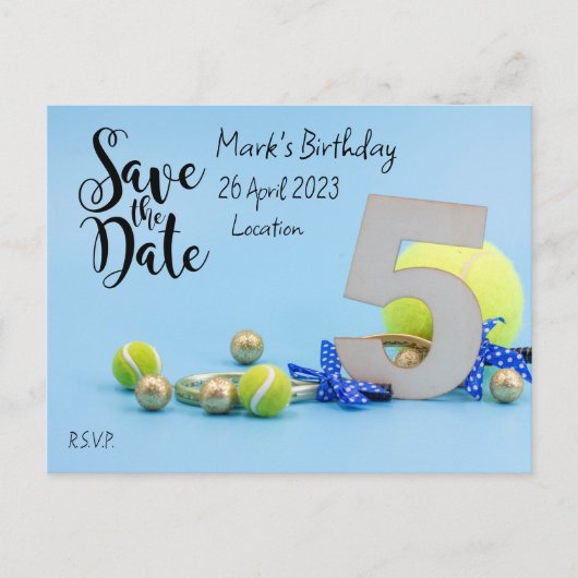 Tennis 5e verjaardag Save the Date uitnodiging (Voorkant)