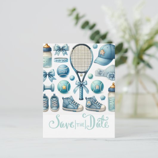 Tennis Baby shower voor Baby Boy Blue thema Briefkaart (Staand voorkant)